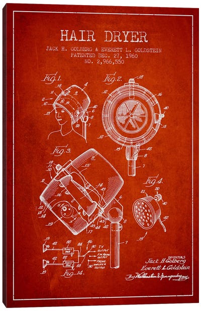 Hair Dryer Sound Red Patent Blueprint Canvas Art Print - Household Goods Blueprints
