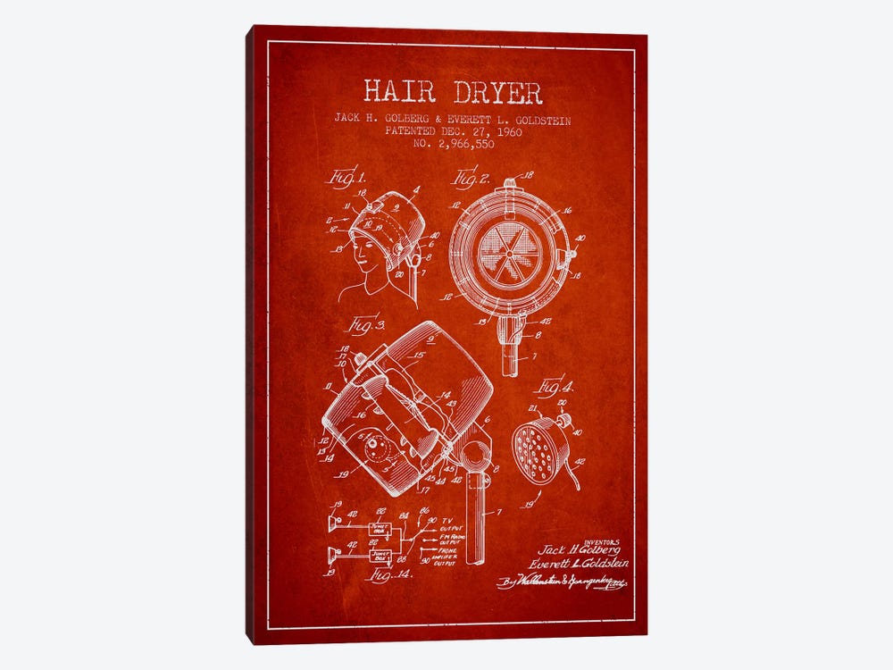 Hair Dryer Sound Red Patent Blueprint by Aged Pixel 1-piece Canvas Artwork
