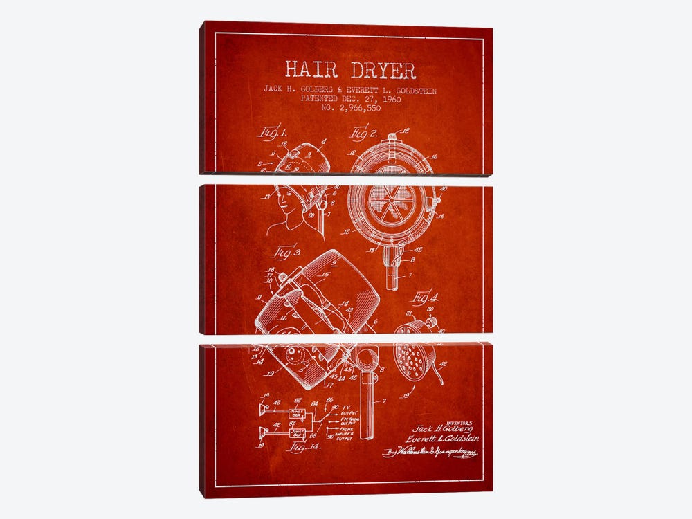 Hair Dryer Sound Red Patent Blueprint by Aged Pixel 3-piece Canvas Wall Art