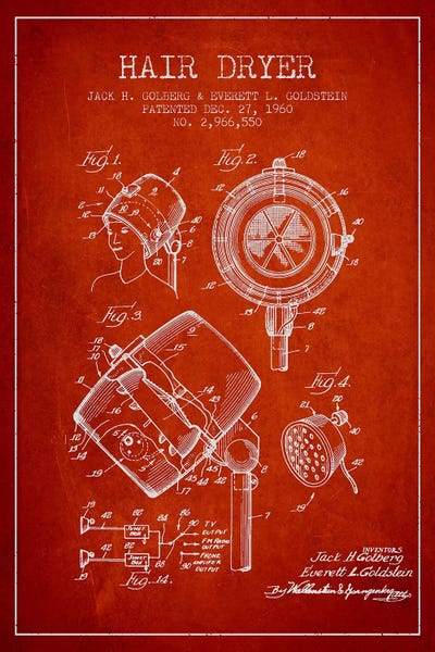Household Goods Blueprints: Hair Dryer Sound Red Patent Blueprint by Aged Pixel