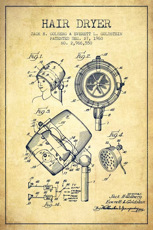 Hair Dryer Sound Vintage Patent Blueprint by Aged Pixel wall art