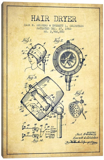 Hair Dryer Sound Vintage Patent Blueprint Canvas Art Print - Bathroom Blueprints