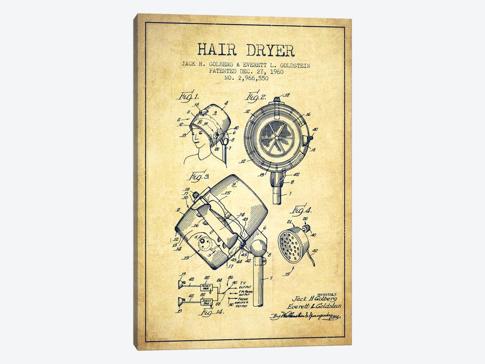 Hair Dryer Sound Vintage Patent Blueprint by Aged Pixel 1-piece Canvas Art Print