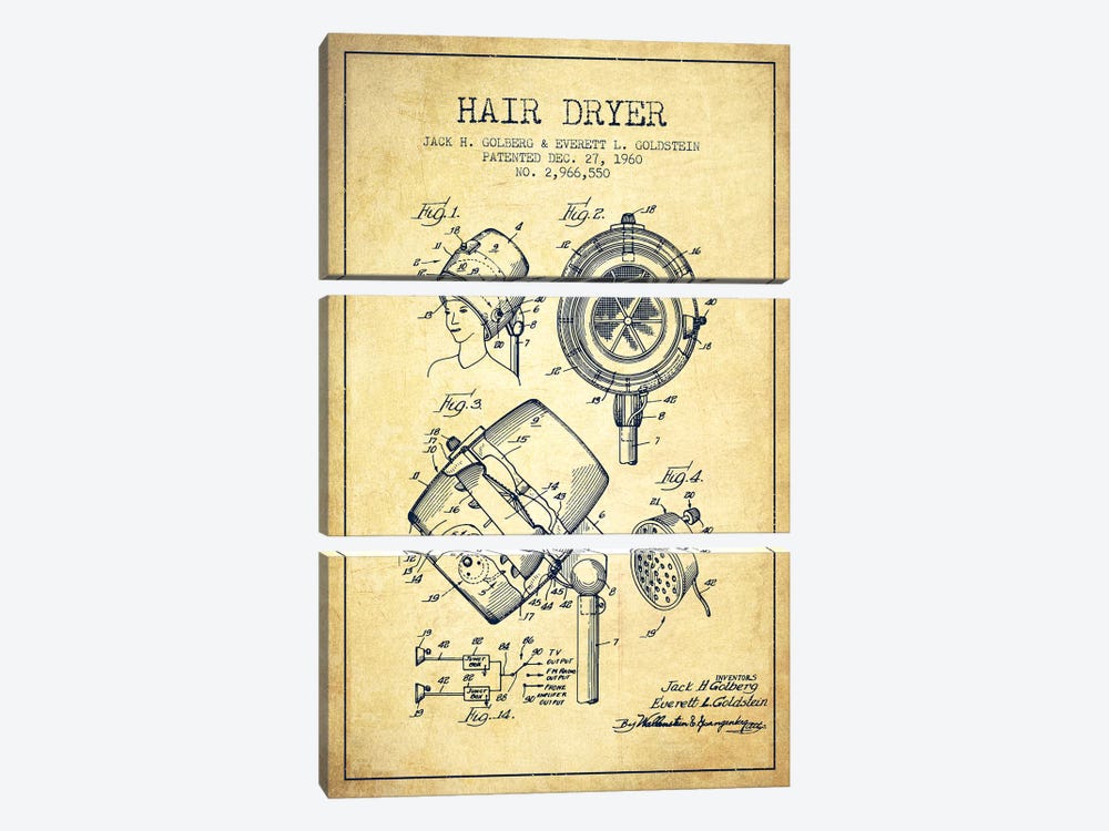 Hair Dryer Sound Vintage Patent Blueprint by Aged Pixel 3-piece Art Print
