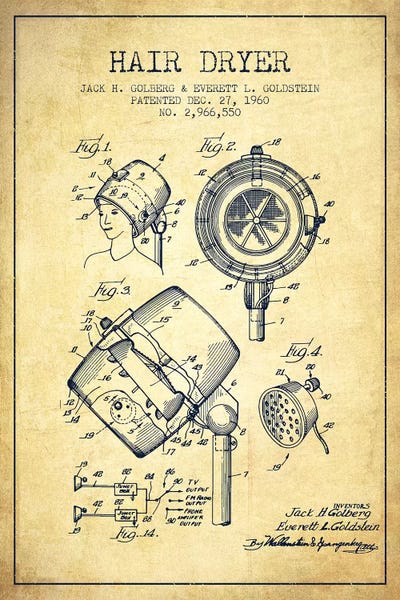 Household Goods Blueprints: Hair Dryer Sound Vintage Patent Blueprint by Aged Pixel