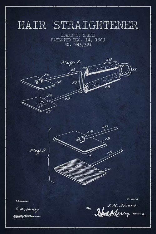 Hair Straightener Navy Blue Patent Blueprint by Aged Pixel wall art