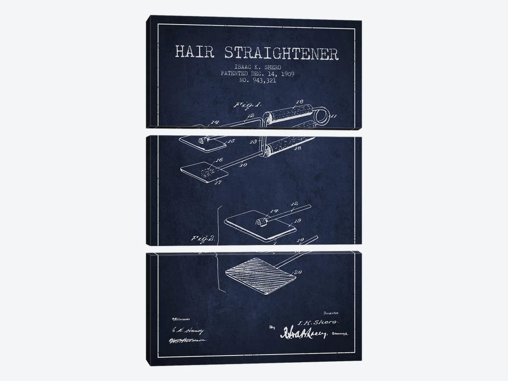Hair Straightener Navy Blue Patent Blueprint by Aged Pixel 3-piece Canvas Print