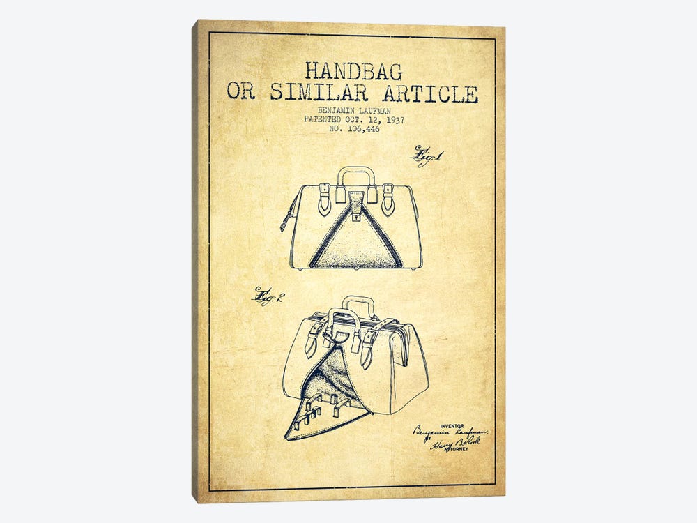 Handbag Similar Article Vintage Patent Blueprint by Aged Pixel 1-piece Canvas Art