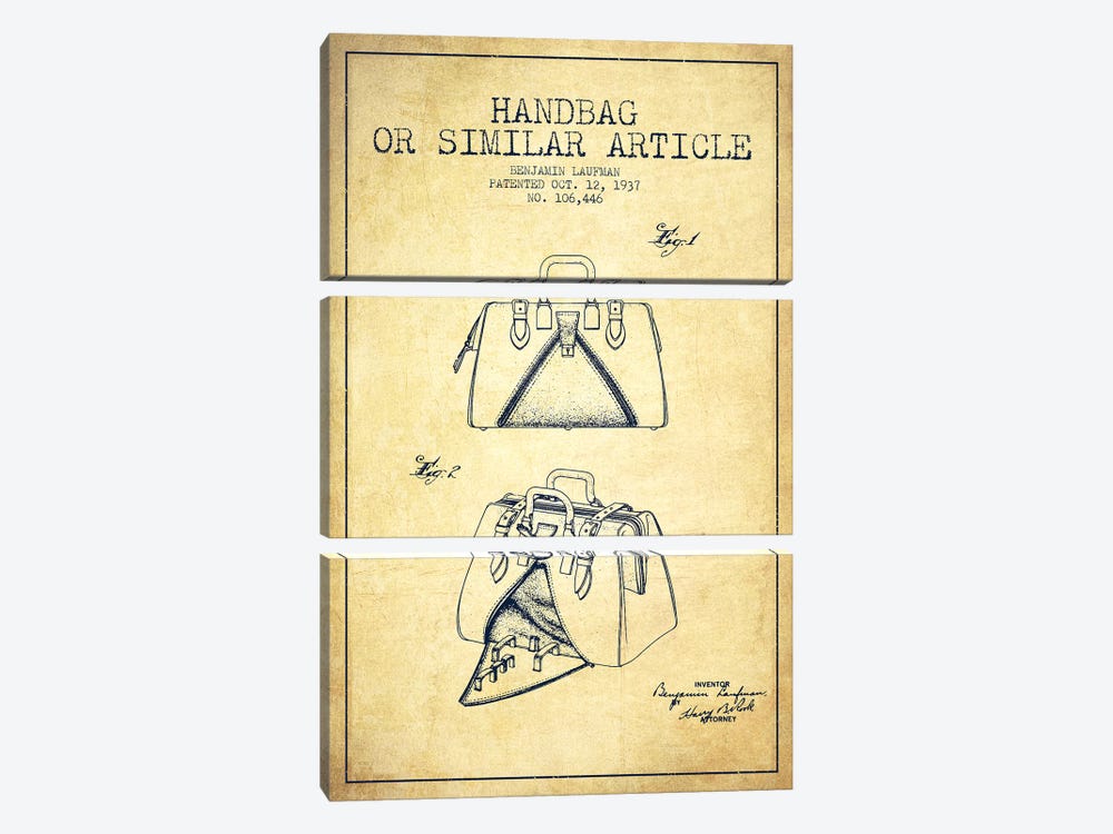 Handbag Similar Article Vintage Patent Blueprint by Aged Pixel 3-piece Canvas Art