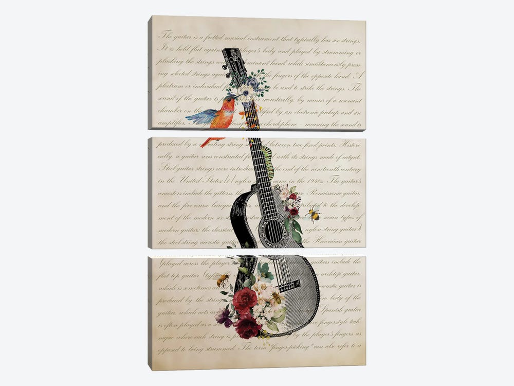 Guitar With Flowers by Aged Pixel 3-piece Canvas Art Print