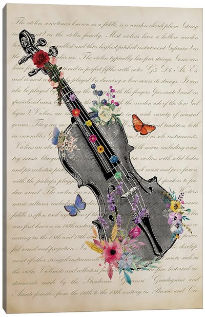 Violin With Flowers Canvas Art Print - Aged Pixel