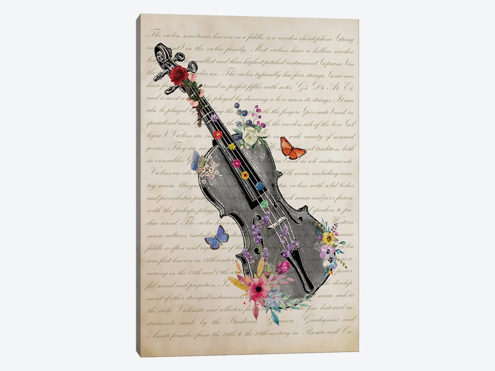 Violin With Flowers by Aged Pixel 1-piece Canvas Wall Art