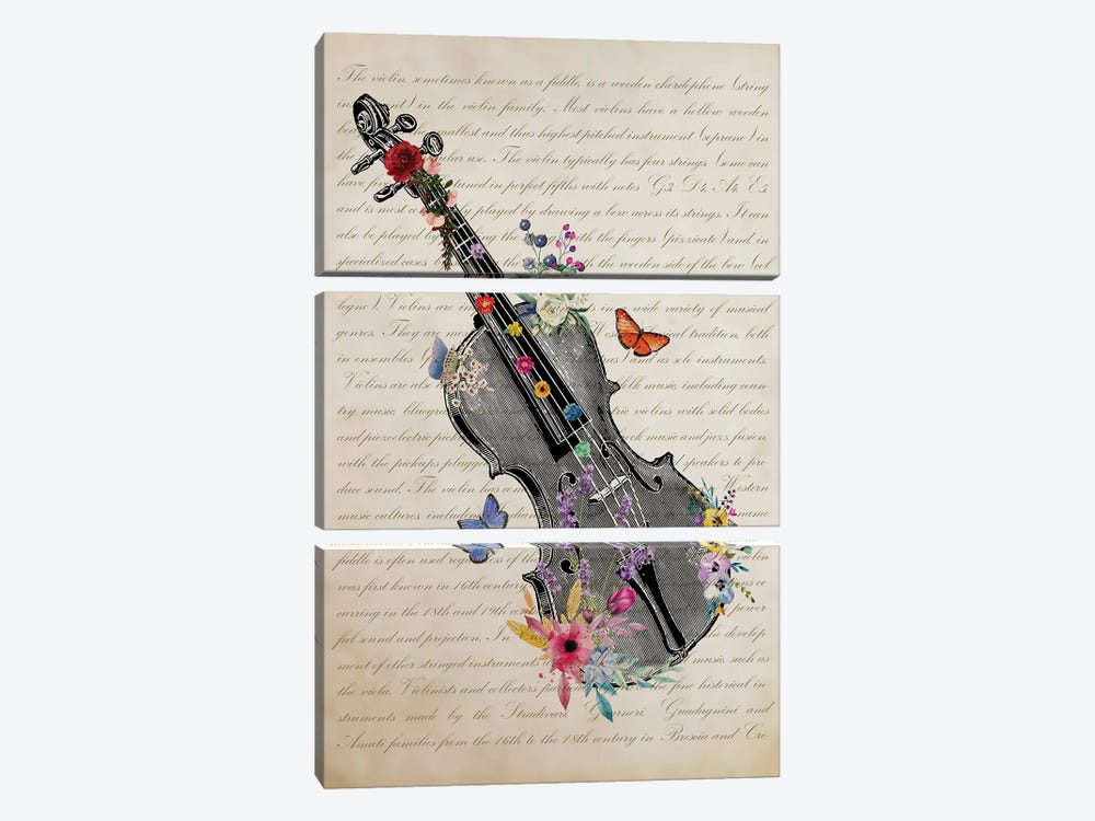 Violin With Flowers by Aged Pixel 3-piece Canvas Wall Art