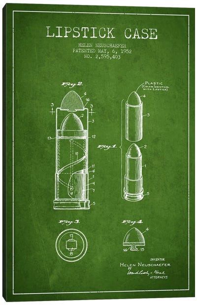 Lipstick Case Green Patent Blueprint Canvas Art Print - Bathroom Blueprints