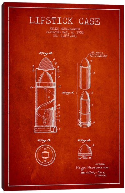 Lipstick Case Red Patent Blueprint Canvas Art Print - Beauty & Personal Care Blueprints