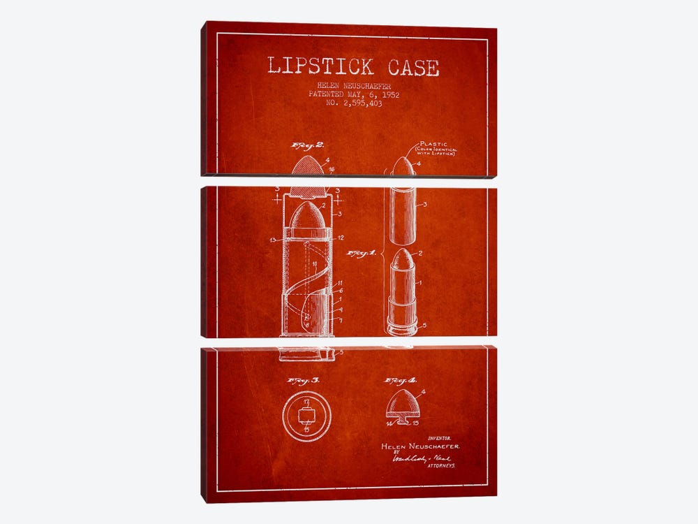 Lipstick Case Red Patent Blueprint by Aged Pixel 3-piece Canvas Art