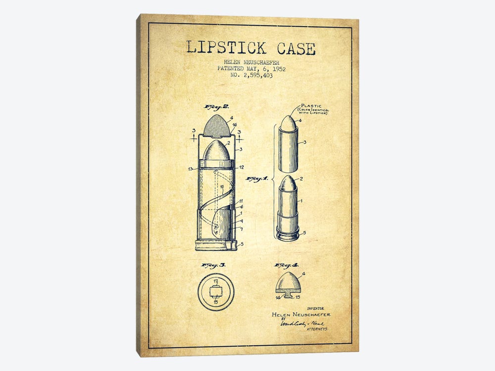 Lipstick Case Vintage Patent Blueprint by Aged Pixel 1-piece Canvas Art Print