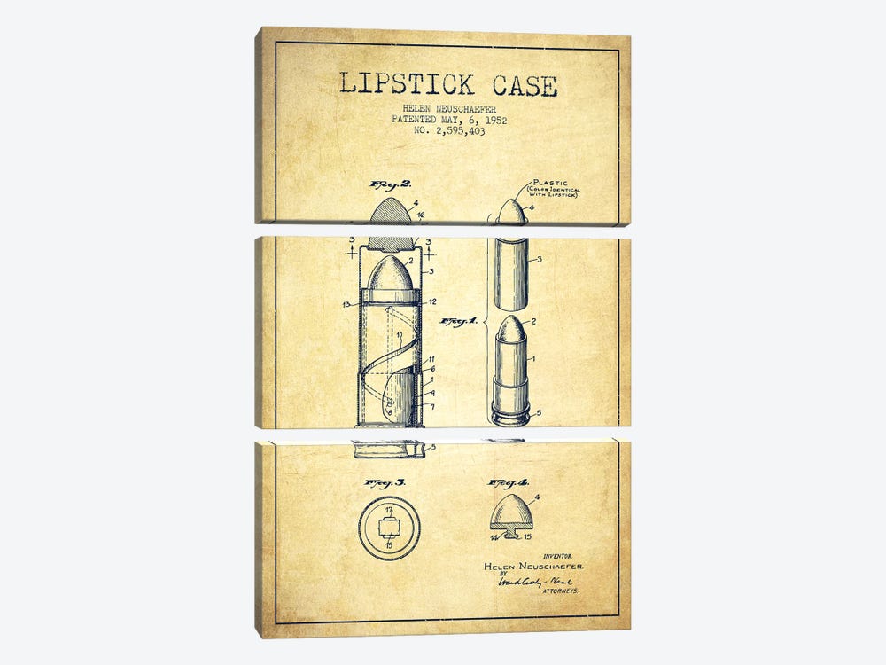 Lipstick Case Vintage Patent Blueprint by Aged Pixel 3-piece Canvas Art Print