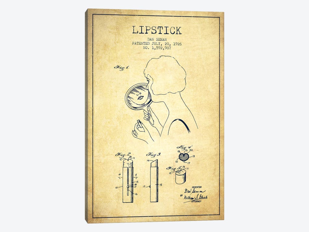 Lipstick Vintage Patent Blueprint by Aged Pixel 1-piece Canvas Art Print
