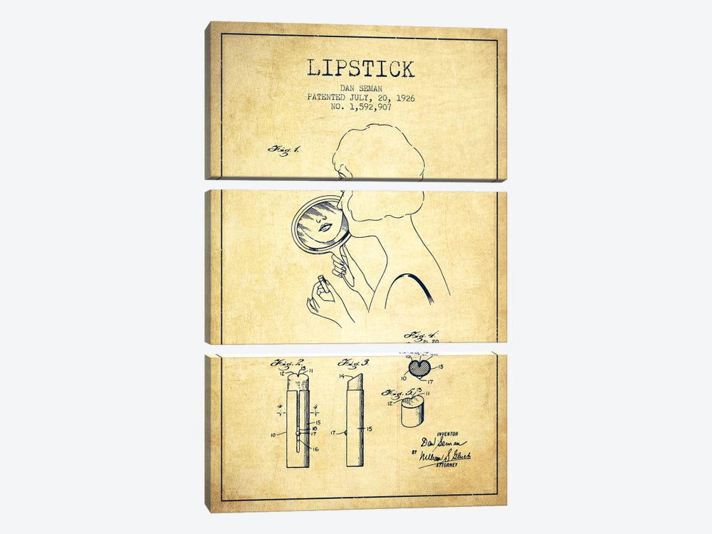 Lipstick Vintage Patent Blueprint by Aged Pixel 3-piece Canvas Art Print