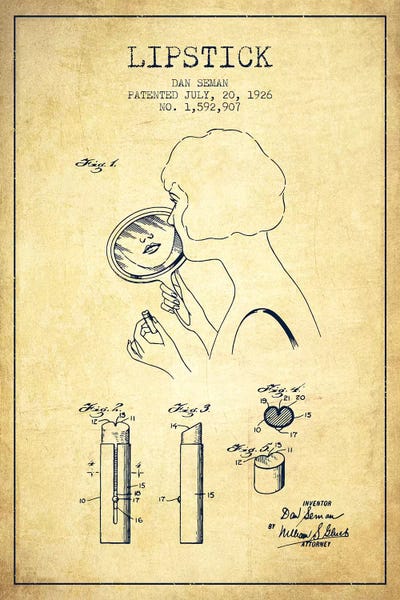 Beauty & Personal Care Blueprints: Lipstick Vintage Patent Blueprint by Aged Pixel