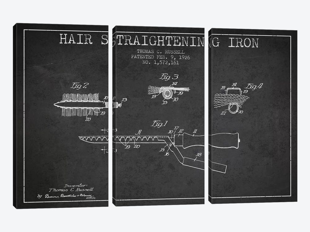 Hair Straightening Iron Charcoal Patent Blueprint by Aged Pixel 3-piece Canvas Wall Art