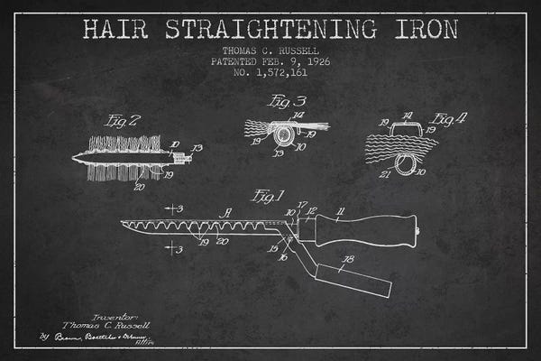 Black & White Pop Culture Art: Hair Straightening Iron Charcoal Patent Blueprint by Aged Pixel