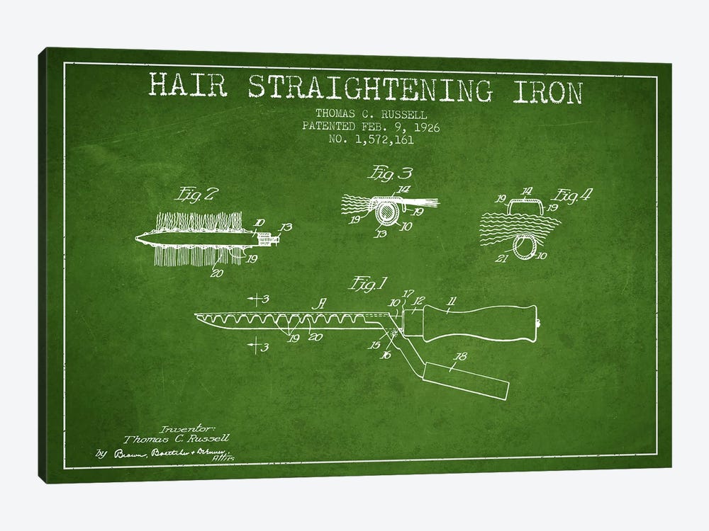 Hair Straightening Iron Green Patent Blueprint 1-piece Canvas Print