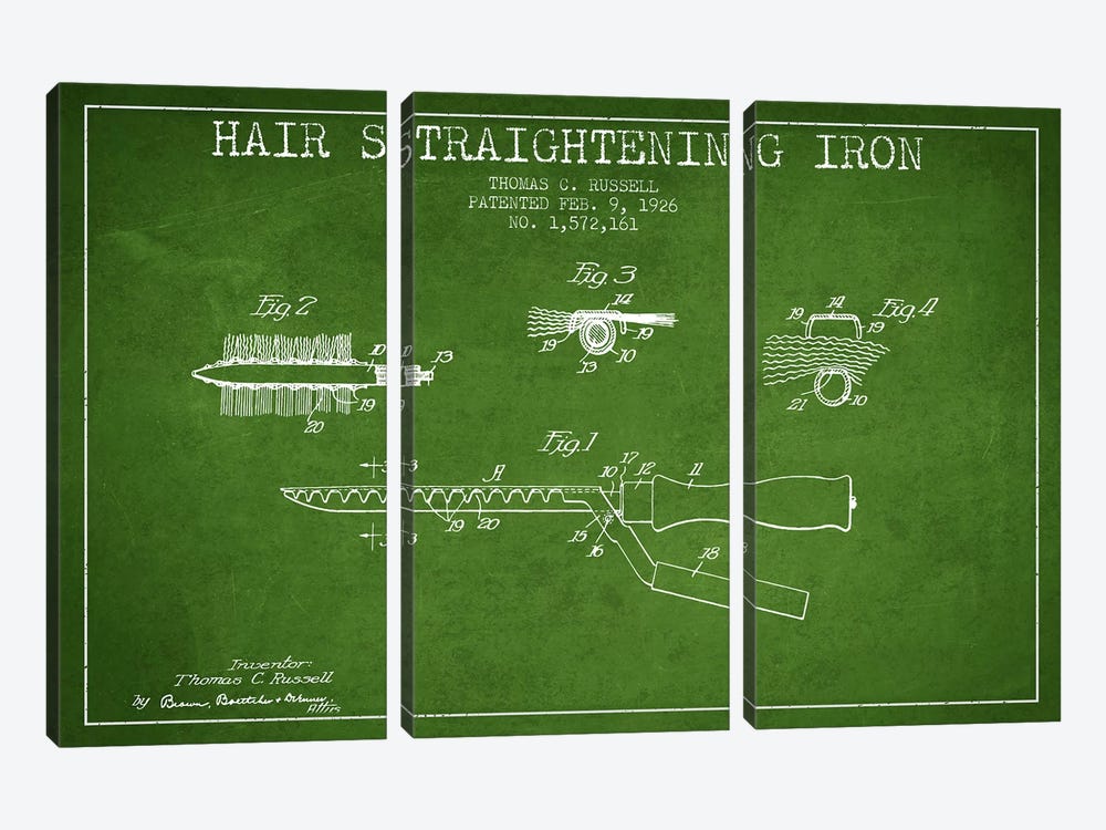 Hair Straightening Iron Green Patent Blueprint 3-piece Canvas Print