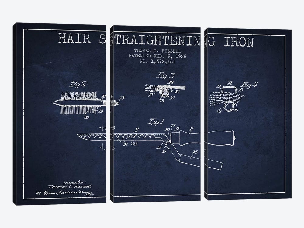 Hair Straightening Iron Navy Blue Patent Blueprint by Aged Pixel 3-piece Canvas Art