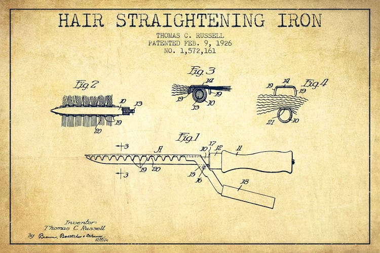 Hair Straightening Iron Vintage Patent Blueprint by Aged Pixel wall art