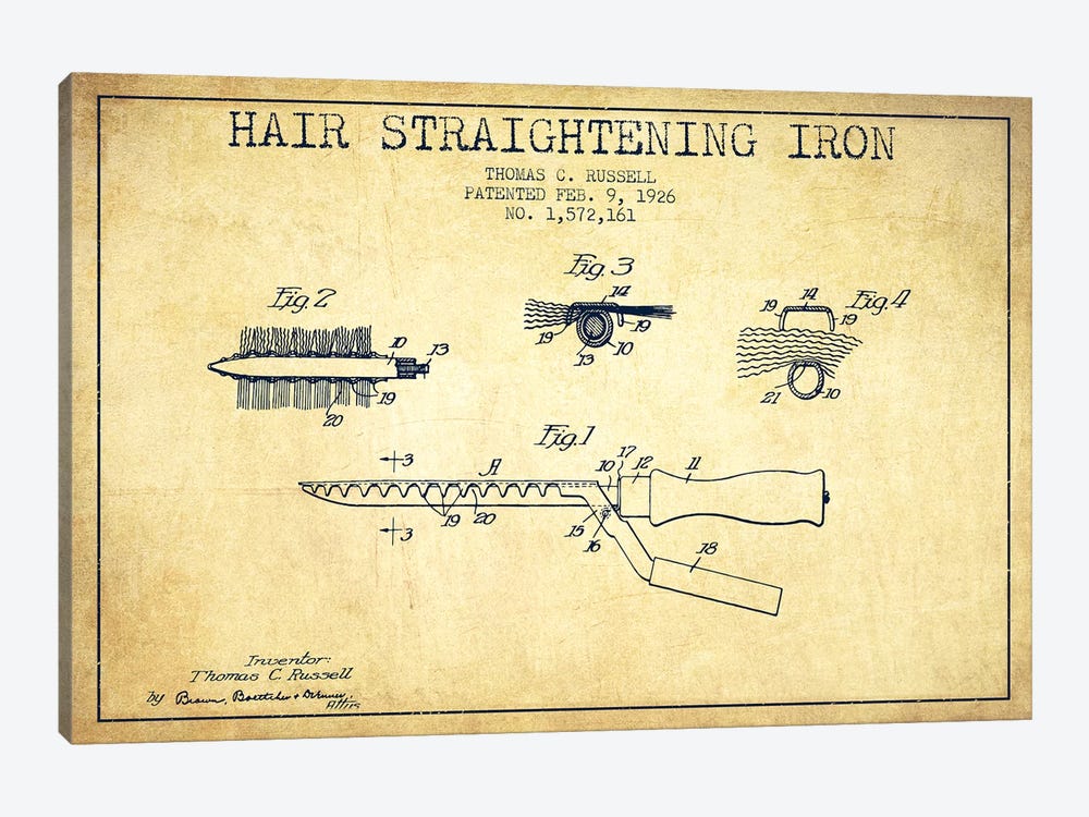 Hair Straightening Iron Vintage Patent Blueprint by Aged Pixel 1-piece Canvas Artwork