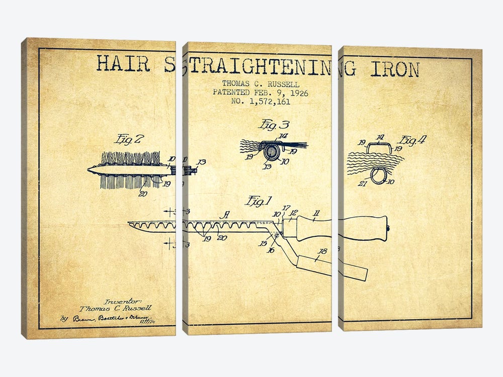 Hair Straightening Iron Vintage Patent Blueprint by Aged Pixel 3-piece Canvas Art