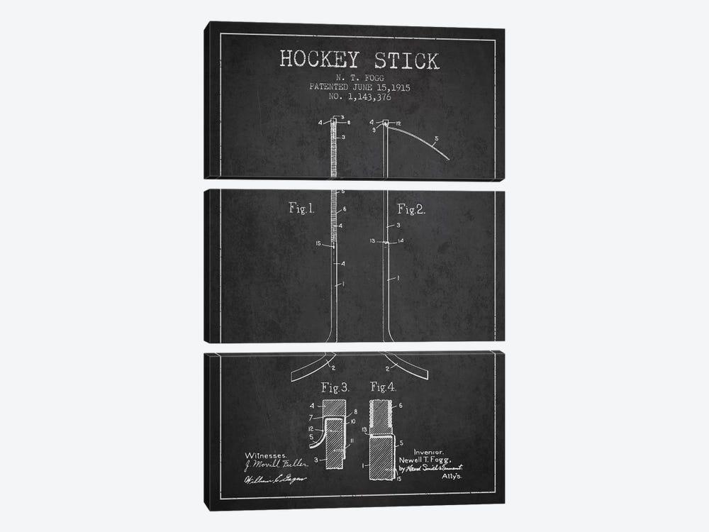 Hockey Stick Charcoal Patent Blueprint by Aged Pixel 3-piece Canvas Print