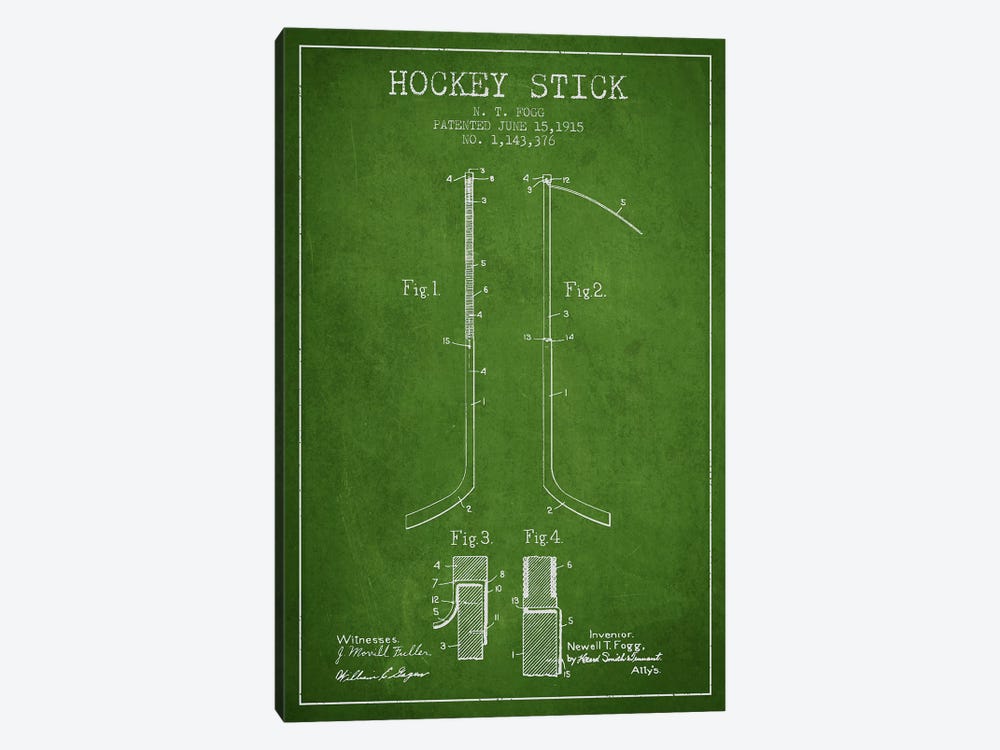 Hockey Stick Green Patent Blueprint by Aged Pixel 1-piece Canvas Art