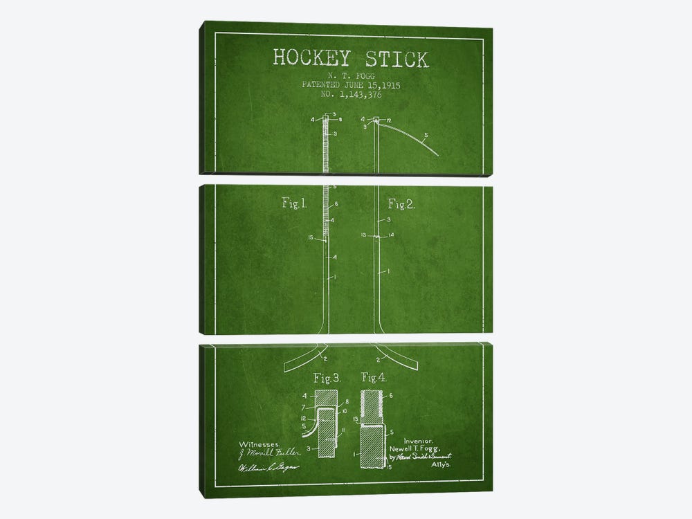 Hockey Stick Green Patent Blueprint by Aged Pixel 3-piece Canvas Artwork