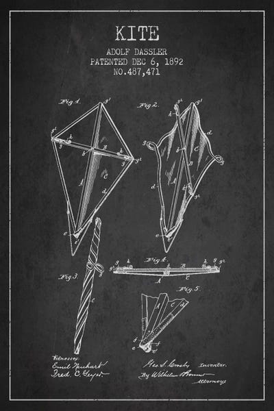 Black & White Pop Culture Art: Kite Dark Patent Blueprint by Aged Pixel