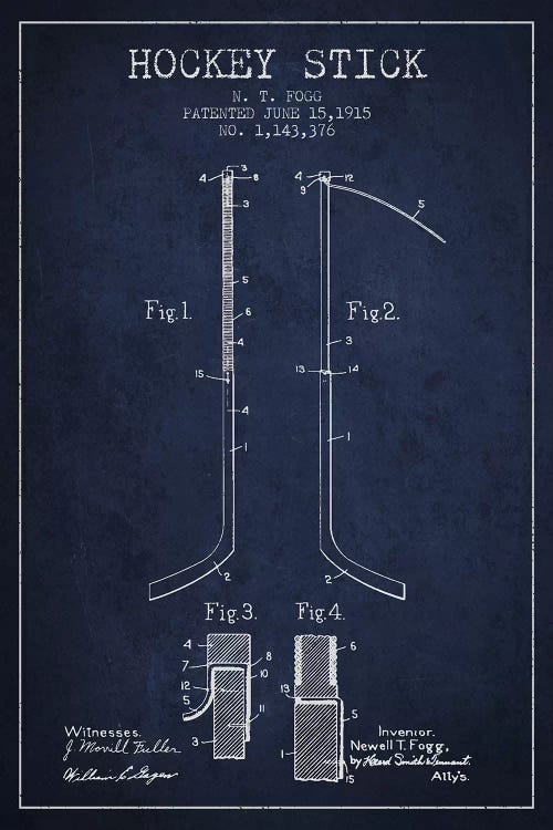 Hockey Stick Navy Blue Patent Blueprint by Aged Pixel wall art