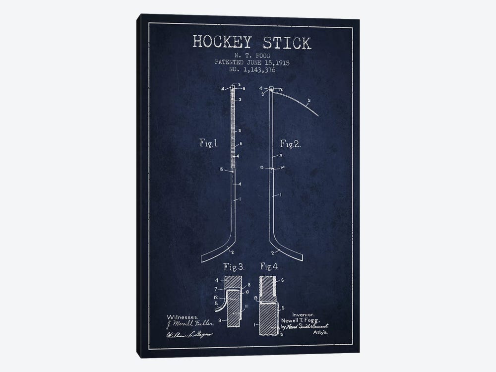 Hockey Stick Navy Blue Patent Blueprint by Aged Pixel 1-piece Canvas Artwork