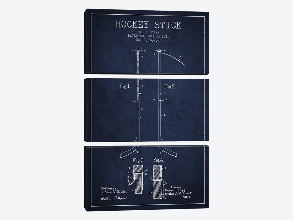 Hockey Stick Navy Blue Patent Blueprint by Aged Pixel 3-piece Canvas Wall Art