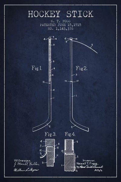 Sports Blueprints: Hockey Stick Navy Blue Patent Blueprint by Aged Pixel