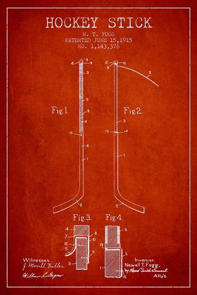 Hockey Stick Red Patent Blueprint by Aged Pixel canvas print