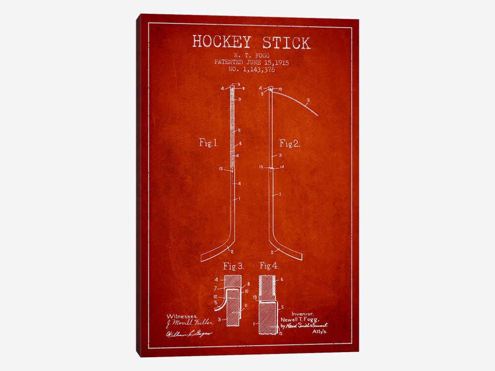 Hockey Stick Red Patent Blueprint by Aged Pixel 1-piece Canvas Art Print