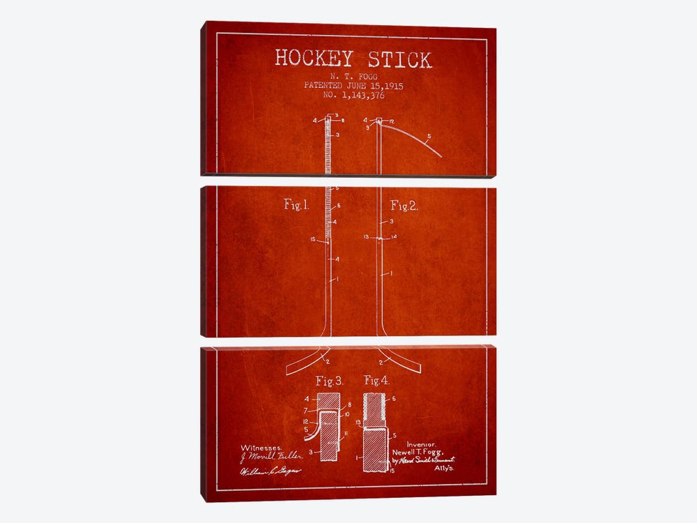 Hockey Stick Red Patent Blueprint by Aged Pixel 3-piece Art Print