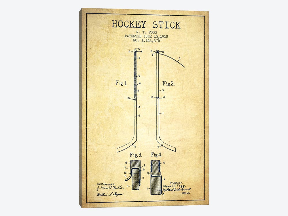 Hockey Stick Vintage Patent Blueprint by Aged Pixel 1-piece Canvas Wall Art