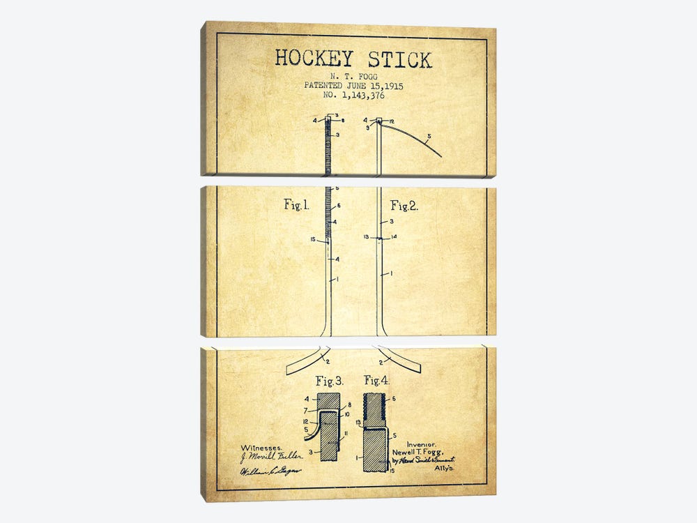 Hockey Stick Vintage Patent Blueprint by Aged Pixel 3-piece Canvas Artwork
