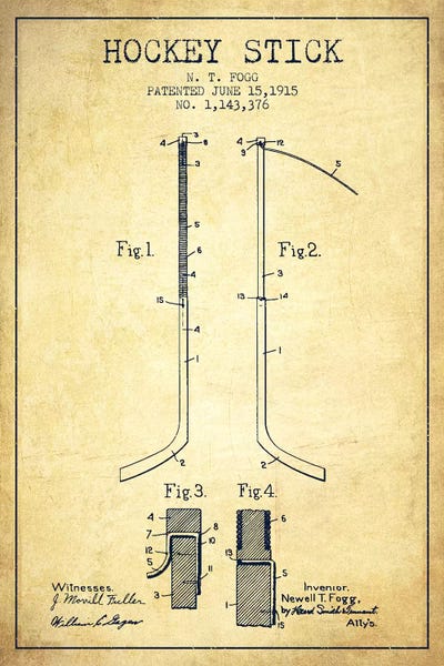 Sports Blueprints: Hockey Stick Vintage Patent Blueprint by Aged Pixel