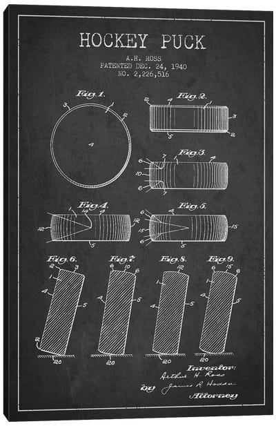 Hockey Puck Charcoal Patent Blueprint Canvas Art Print - Blueprints & Patent Sketches