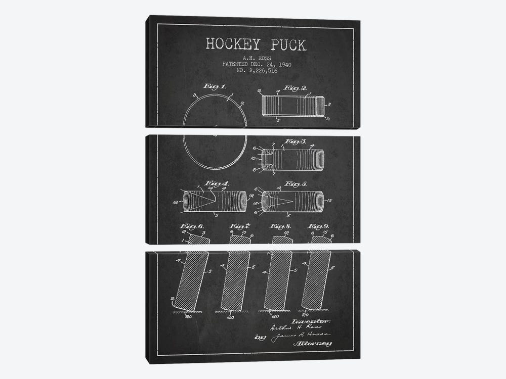 Hockey Puck Charcoal Patent Blueprint 3-piece Canvas Art Print