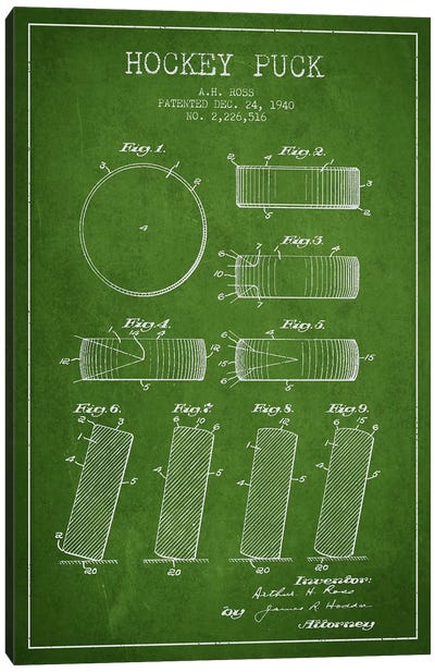 Hockey Puck Green Patent Blueprint Canvas Art Print - Hockey Art
